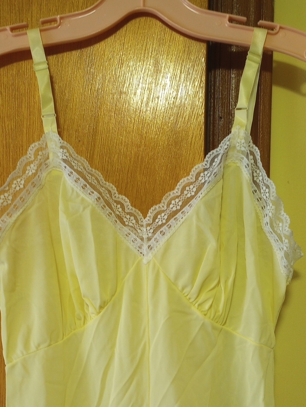 NWOT Yellow Nylon & White Lace Divided Slip w/ Snap Crotch & Adjustable Straps - Picture 2 of 7